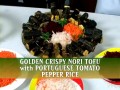 Goldener knuspriger Nori-Tofu mit portugiesischem Tomaten-Pfeffer-Reis (Portugiesisch)